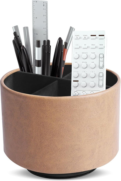 Round Leather Art Supply Organizer,Remote Control Holder,360 Degree Rotating,Multi-Functional Pencil Holder,4 Compartments Desktop Stationary Organizer(1-Fractal Flower) | Round - Colors B