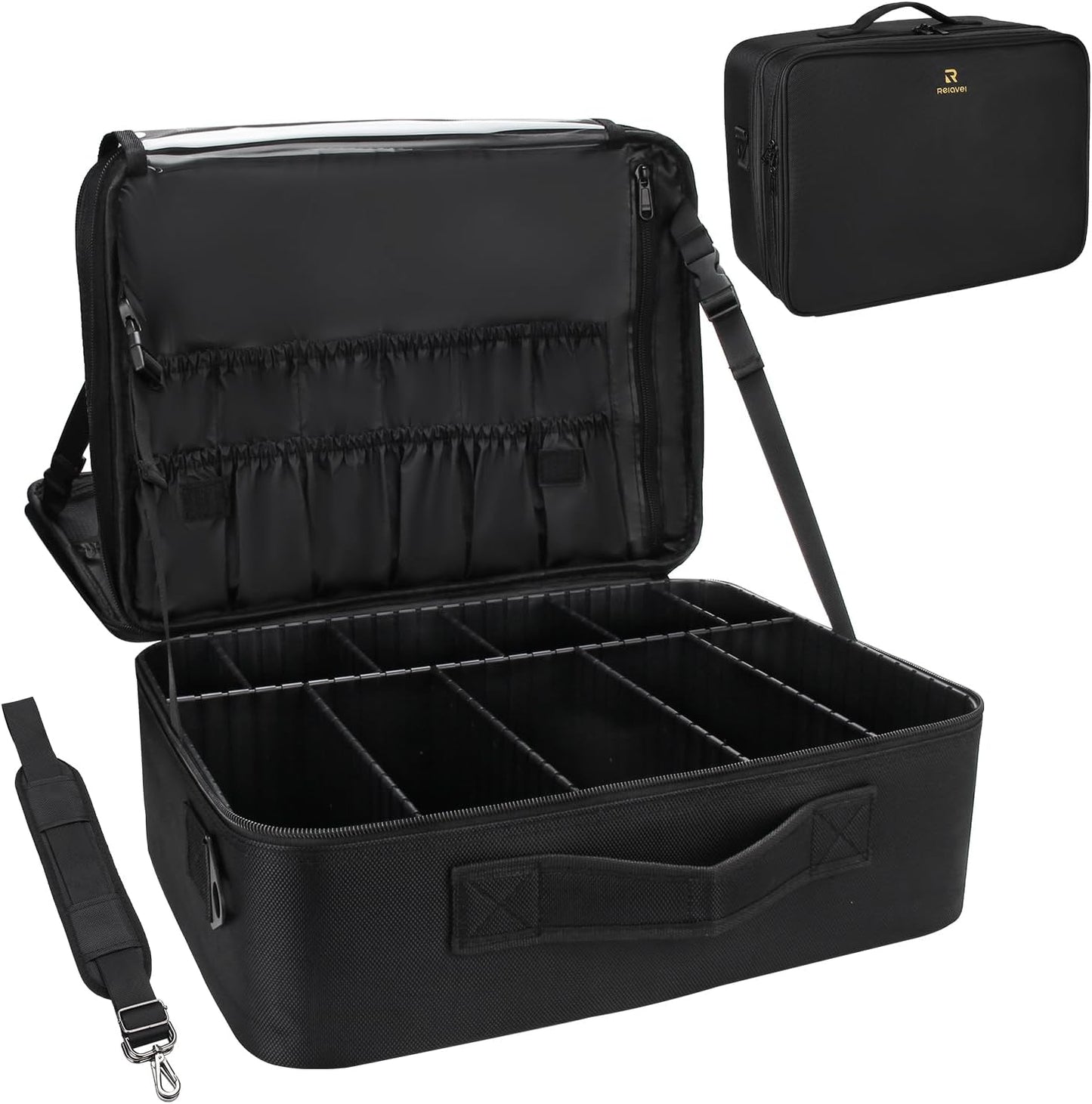 Relavel Makeup Case Large Makeup Bag Professional Train Case 16.5 inches Travel Cosmetic Organizer Brush Holder Waterproof Makeup Artist Storage Box, 3 Layer Large Capacity, with Adjustable Strap