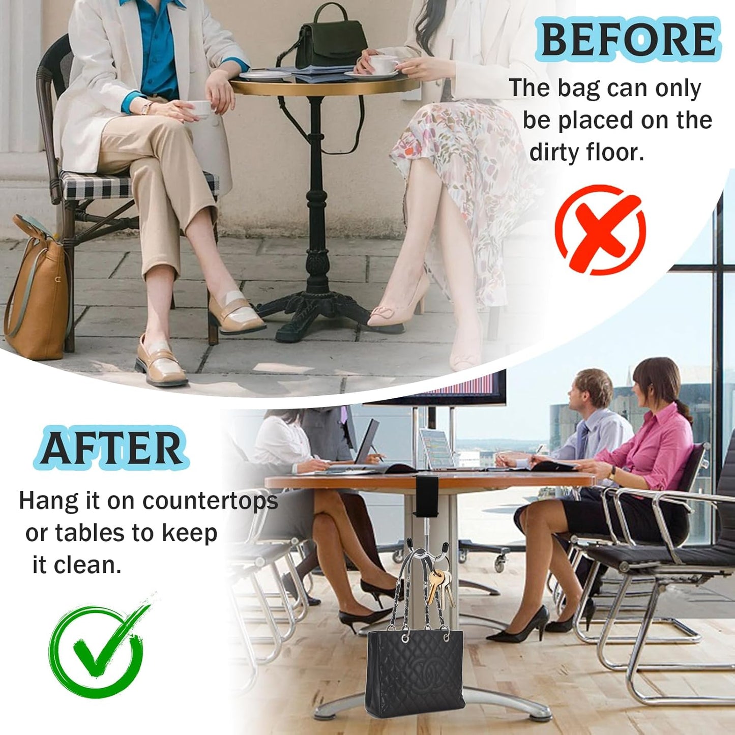 2Pcs Adjustable Purse Hooks for Table & Desk - 100lb Capacity Heavy-Duty Alloy Backpack Hanger, Multi-Use Purse Hanger for Handbag, Headphone, Umbrellas, Space-Saving Desk Organizer (Black & White)