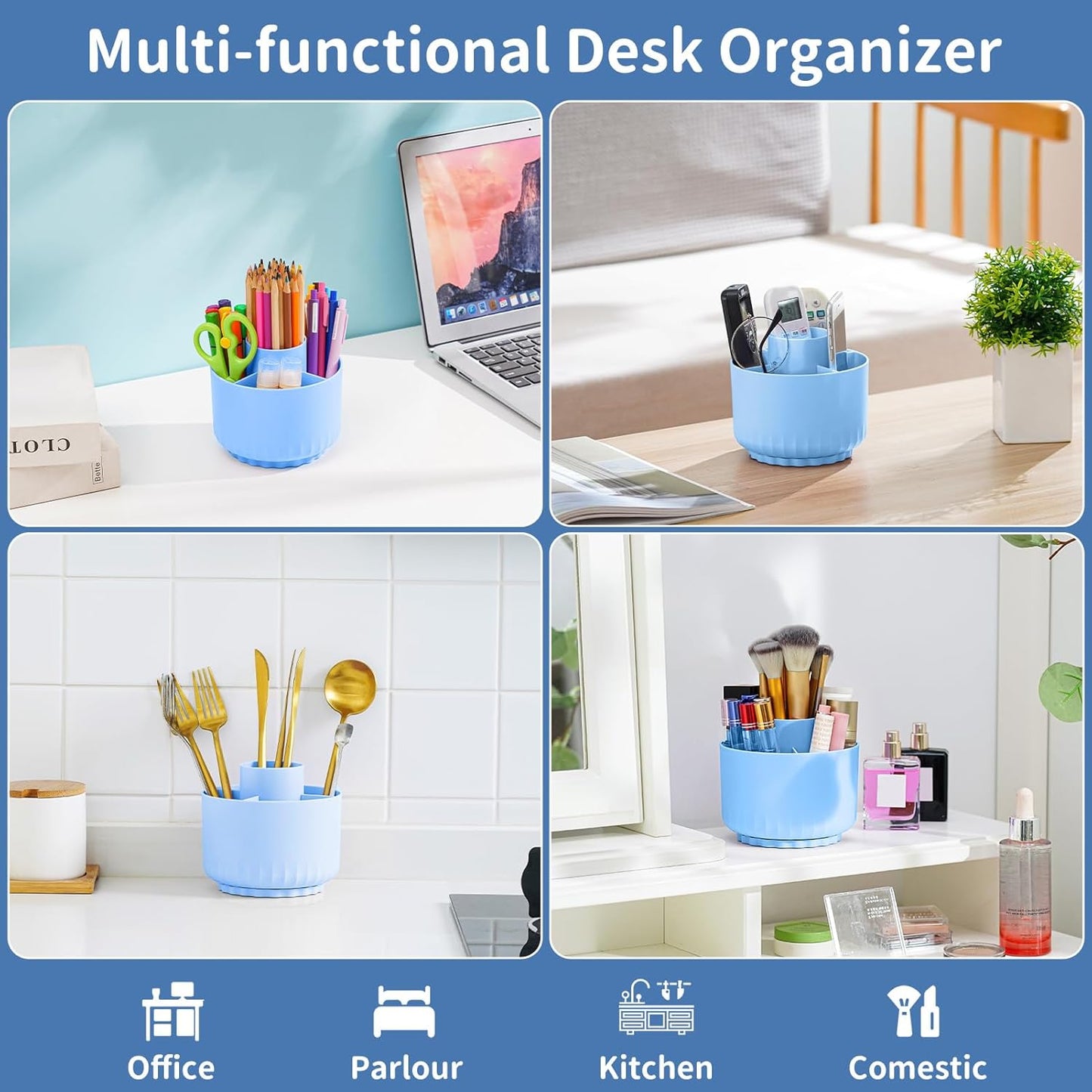 Marbrasse Desk Organizer, 360-Degree Rotating Pen Pencil Holder, Desk Organizers and Accessories with 5 Compartments Pencil Organizer, Art Supply Storage Box Caddy for Office, Home(Beige)