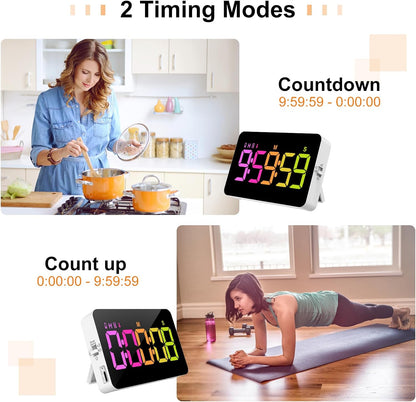 PERSUPER Kitchen Digital Timer, Count Down Up, Rechargeable, Vibration Mode Adjustable Volume and Brightness LED Display, Time Management Cook, Desk, Kids Adults Study Teaching, Kitchen Gadgets RGB