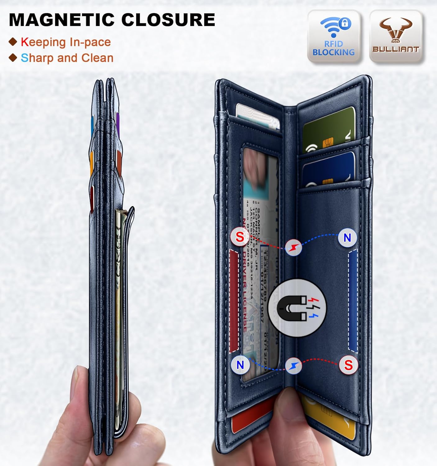 BULLIANT Men Airtag Wallet,Slim Wallet Money Clip Card Holder Magnetic Closure 12 Cards in Front Pocket RFID Blocking