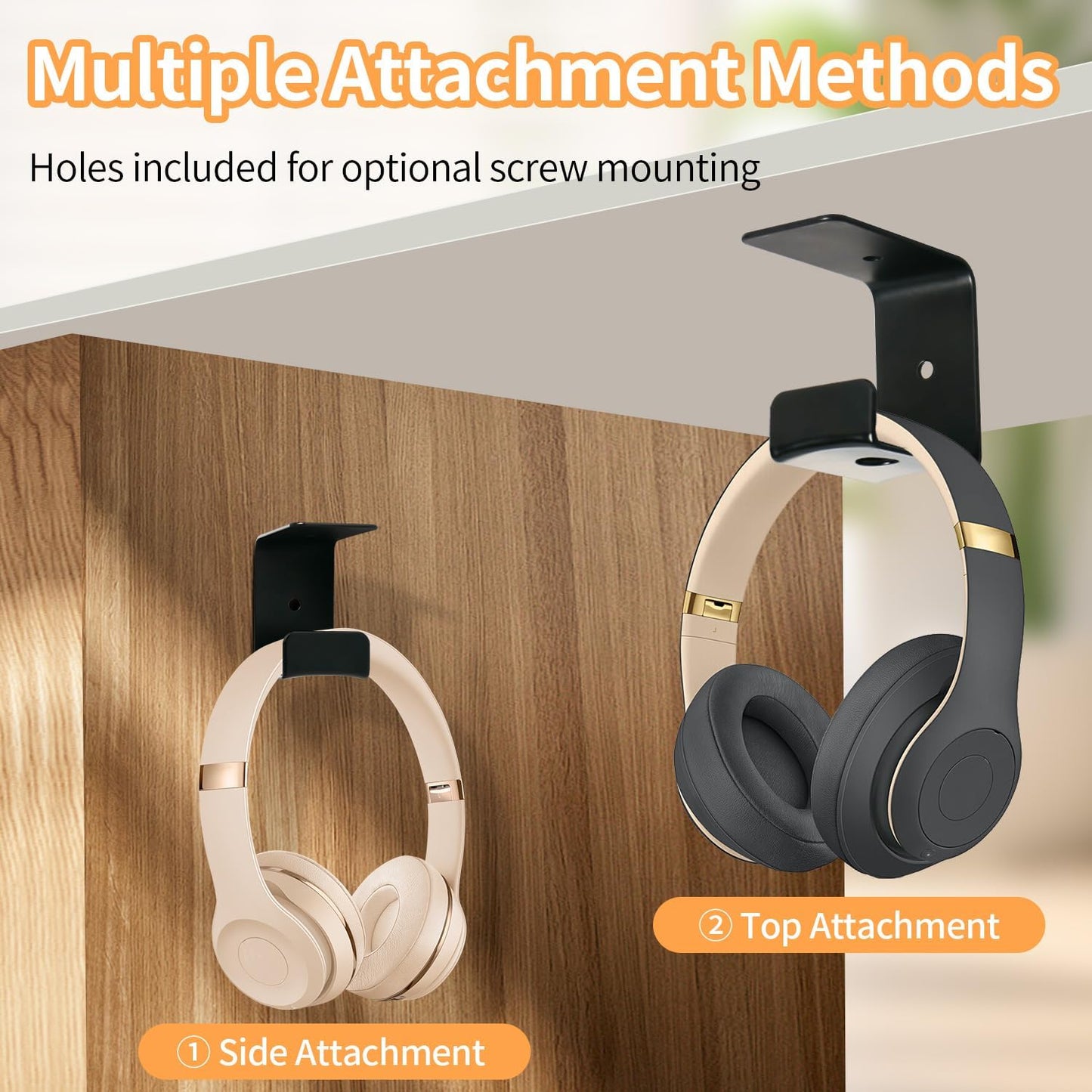 Strong Adhesive Headphone Holder Under Desk, Aluminum Headset Mount Hook with Rubber Pad - 2 Installation Styles for Gaming, Office, Classroom (1 Pack)