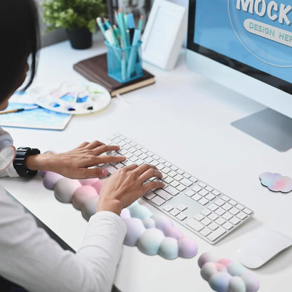 Cloud Wrist Rest Keyboard, PU Leather Memory Foam Wrist Rest for Computer Keyboard, Ergonomic Keyboard Wrist Rest and Cute Mouse Wrist Rest for Gaming,Office,Computer,Typing Pain Relief,Pastel Green