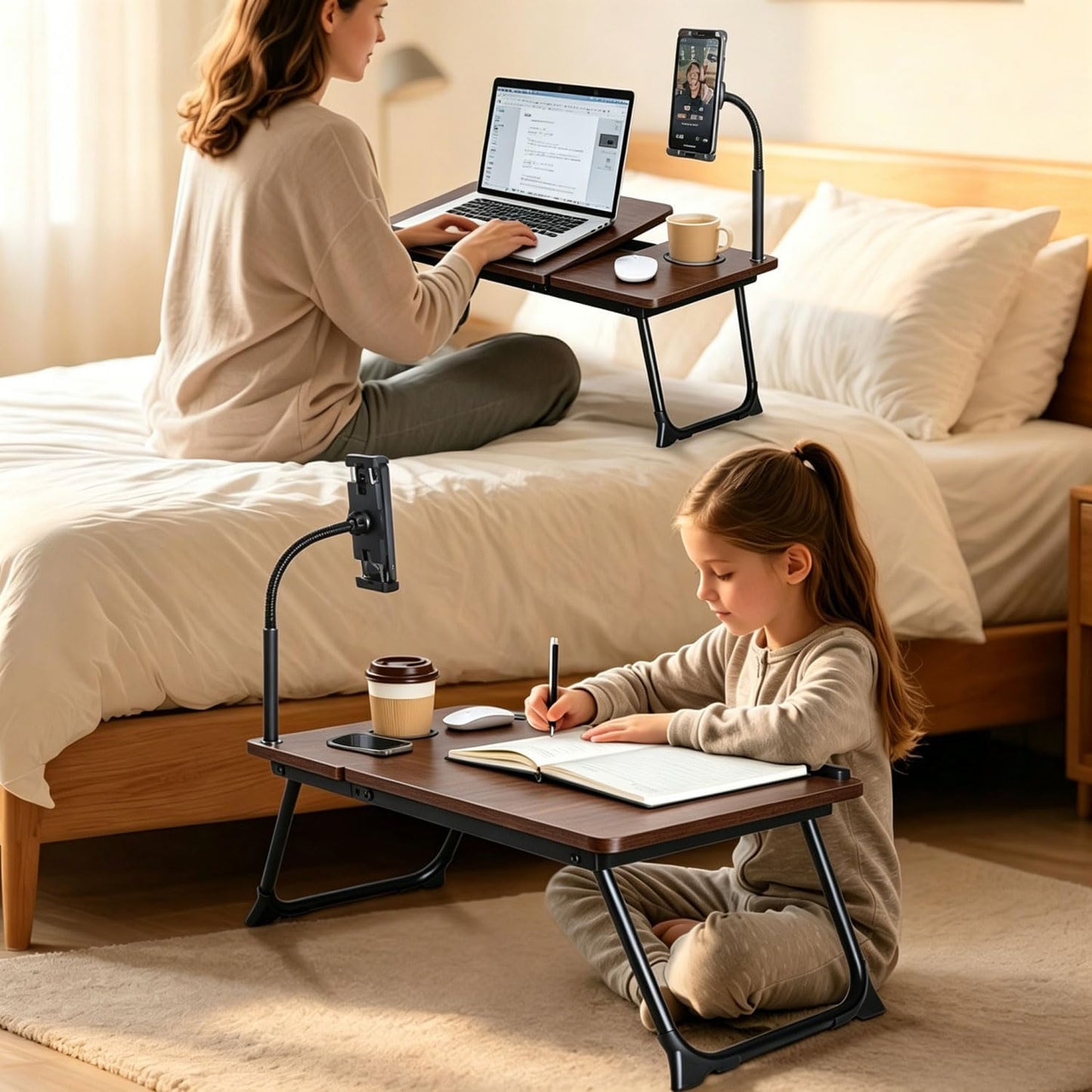 Foldable Lap Desk for Bed and Sofa, Portable Laptop Desk with Gooseneck Phone Stand, Cup Holder & Mouse Pad Extension, Extra Large Bed Desk Tray fits up to 17" Laptops (Walnut)