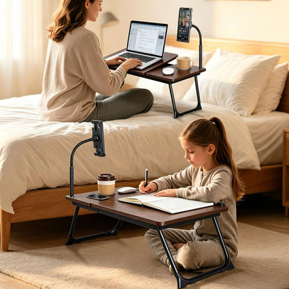 Foldable Lap Desk for Bed and Sofa, Portable Laptop Desk with Gooseneck Phone Stand, Cup Holder & Mouse Pad Extension, Extra Large Bed Desk Tray fits up to 17" Laptops (Walnut)