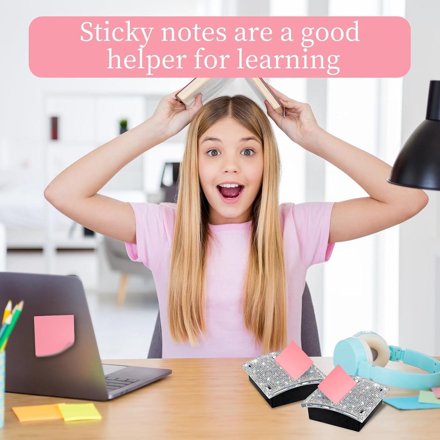 Rhinestone Self Sticky Note Holder Post it Note Dispenser Pop-Up Sticky Notes Dispenser 4 x 4 inch Post it Dispenser for Office Desk Accessories(Pink)