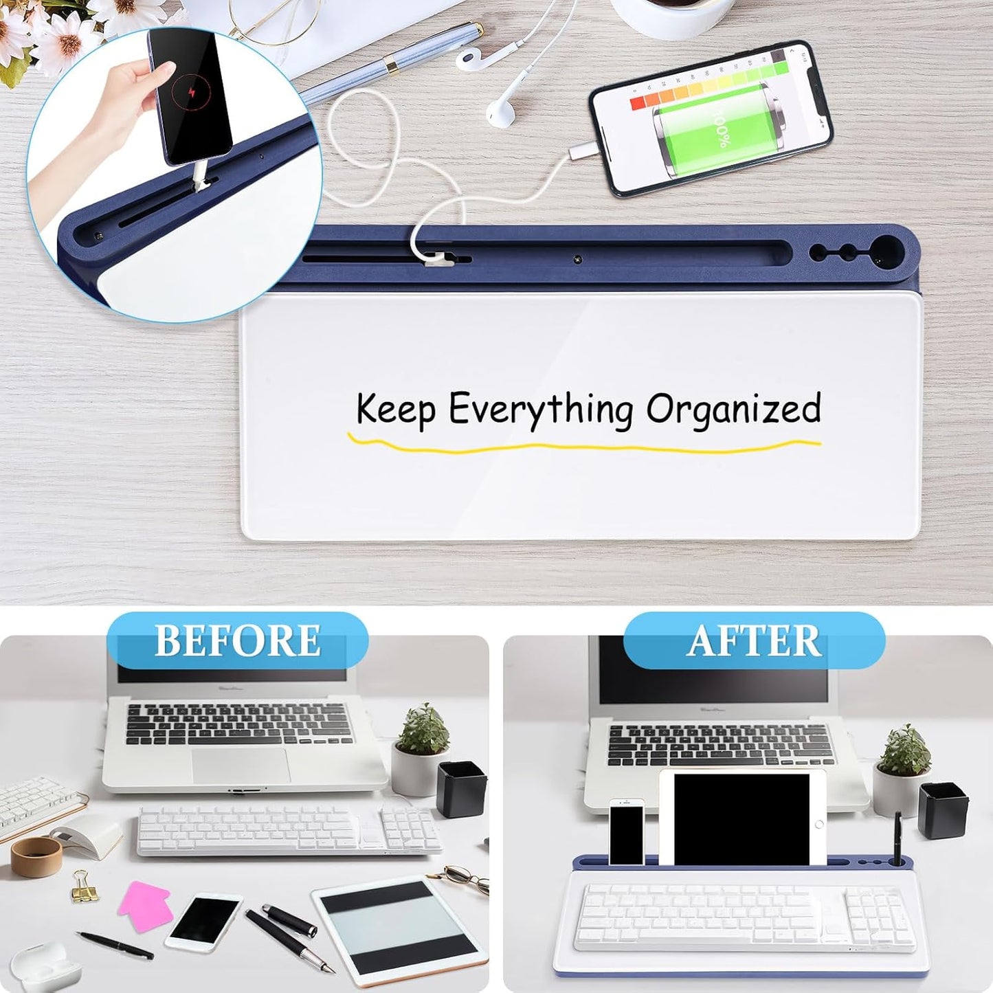 DOLLAR BOSS Glass Desk Whiteboard Calendar Small Dry Erase Board Desktop White Board with Storage Drawer Computer Keyboard Stand Desk Organizer, Colorful Weekly Calendar, Black
