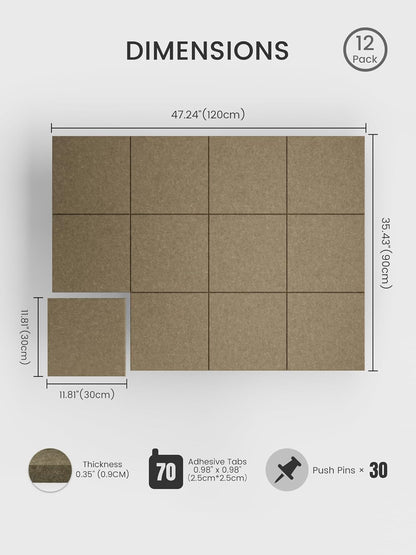 Bumusty Large Cork Board Alternative-48 x 36" Felt Bulletin Board Tiles, with 30 Pushpins, 70 Adhesive Tabs, Bold-Stripe 12-Pack, Cork Boards for Office Push Pin Board Felt Board-Carbon Blue