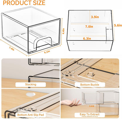 Yieach 8 Pack Small Clear Stackable Storage Drawers,2.2'' Tall Desk Organization and Storage,Plastic Office Supply Organizer,Acrylic Storage Containers for Makeup,Hair Clip,Accessory,Pen,Art Crafts