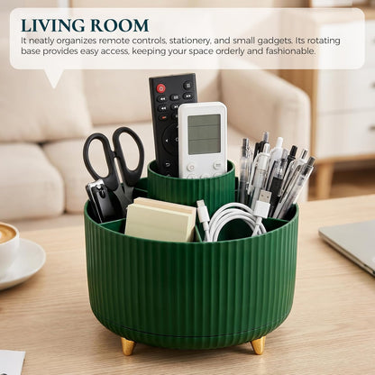 KONVINIT Pencil Pen Holder for Desk, 5 Slots 360 - Degree Rotating Desktop Organizer, Cute Desk Organizers and Accessories for School, Home, Office and Art Supply, Black
