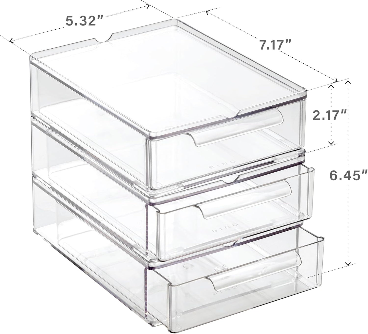 BINO | Clear Stackable Storage Drawers, Small - 3 Pack | Clear Storage Drawers with Built-In Handles | Durable Plastic Organizer Drawer | Modular Stackable Drawer Acrylic Organizer