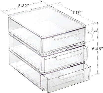 BINO | Clear Stackable Storage Drawers, Small - 3 Pack | Clear Storage Drawers with Built-In Handles | Durable Plastic Organizer Drawer | Modular Stackable Drawer Acrylic Organizer