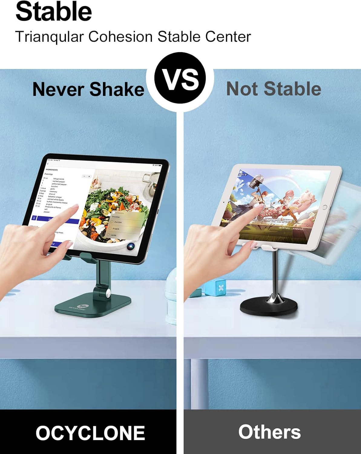OCYCLONE Phone Stand, Cell Phone Stand Holder for Desk Office Accessories Adjustable Height and Angle Foldable iPhone Stand Compatible with 4"-13" All Phones iPad Tablet - Black