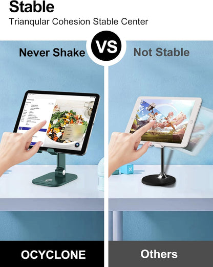 OCYCLONE Phone Stand, Cell Phone Stand Holder for Desk Office Accessories Adjustable Height and Angle Foldable iPhone Stand Compatible with 4"-13" All Phones iPad Tablet - Black