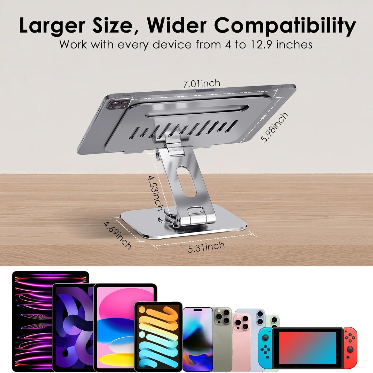 Tablet Stand for Desk, 360° Rotating iPad Stand, Aluminum Adjustable & Foldable iPad Holder, Compatible for iPad Pro Air Mini Surface Pro Samsung Galaxy Tabs Kindle, 4-12.9 inch, Silver