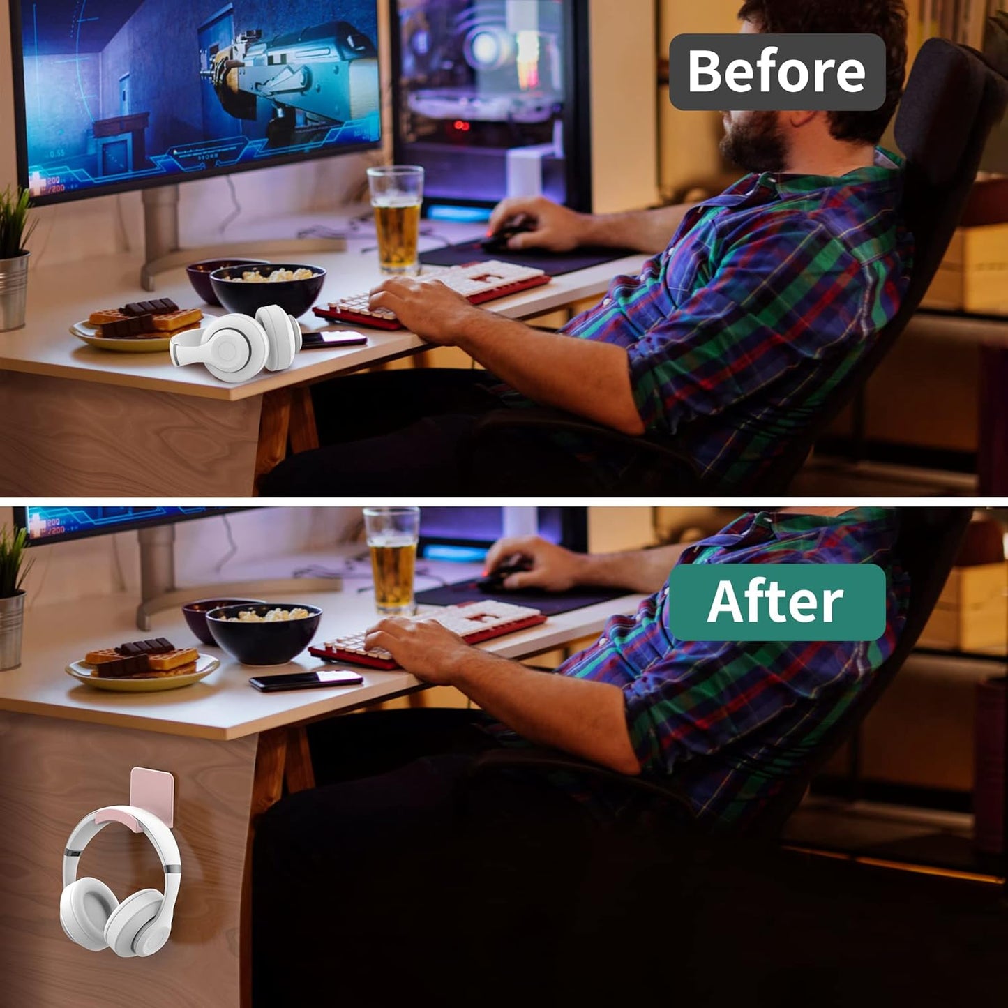 HomeMount Headphone Stand Headset Holder - Adhesive Gaming Headphone Hanger Hook Desk Mount for Most Headphone & Controller (White)
