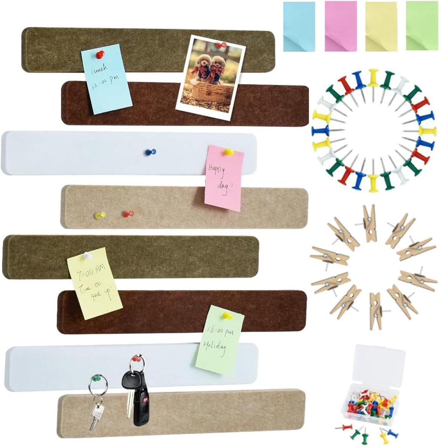 Vuzvuv 8 pcs Bulletin Board Bar Strips with 50 Pushpins & 10 Wooden Clip pins，Self Adhesive Cork Board for Wall，Felt Pin Board for School，Office Decor（Black White Grey）