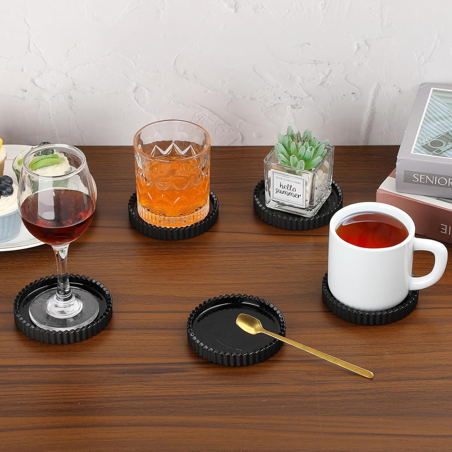 Modern Clear Coasters Set of 5- Glass Cute Coasters for Drinks Crystal Coaster Round Chic Cup Mat Cute Coffee Table Coaster for Kitchen, Bar, Dining Room, Living Room, Patio(Amber)