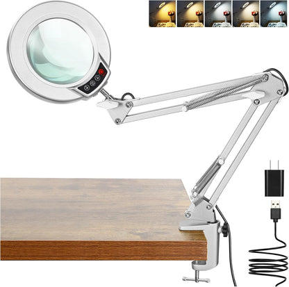 Coyeth 10X Magnifying Glass with Light and Clamp, Real Glass Stand Lighted Magnifier, 5 Color Modes Stepless Dimmable LED Desk Lamp Hands Free for Crafts Hobby Reading Painting Sewing Close Work
