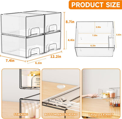 Yieach 8 Pack Small Clear Stackable Storage Drawers,2.2'' Tall Desk Organization and Storage,Plastic Office Supply Organizer,Acrylic Storage Containers for Makeup,Hair Clip,Accessory,Pen,Art Crafts