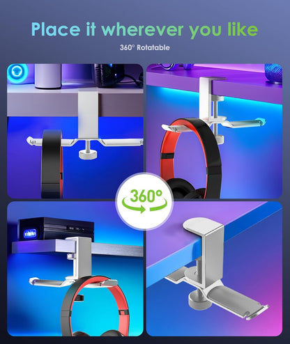 6amLifestyle Dual Rotatable Headphone Stand Hanger Under Desk Clamp Headset Holder Aluminum Load up to 11lb Headset Stand Hanger Compatible with Universal Headphones, Black 6A-13BK