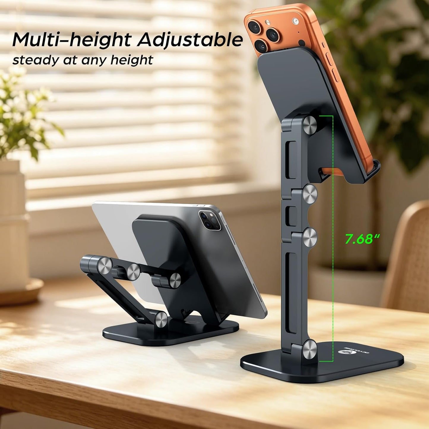 OCYCLONE Phone Stand, Cell Phone Stand Holder for Desk Office Accessories Adjustable Height and Angle Foldable iPhone Stand Compatible with 4"-13" All Phones iPad Tablet - Black