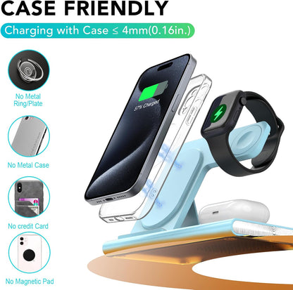 3 in 1 Foldable Charging Station for Apple Products,Wireless Charger for iPhone 17 16 15 14 13 12 Pro Max,Travel Dock Adapter&Light for iWatch Series 11 10 9 Ultra 3/2 SE 3/2,for AirPods 4 3 2 Pro 3/2