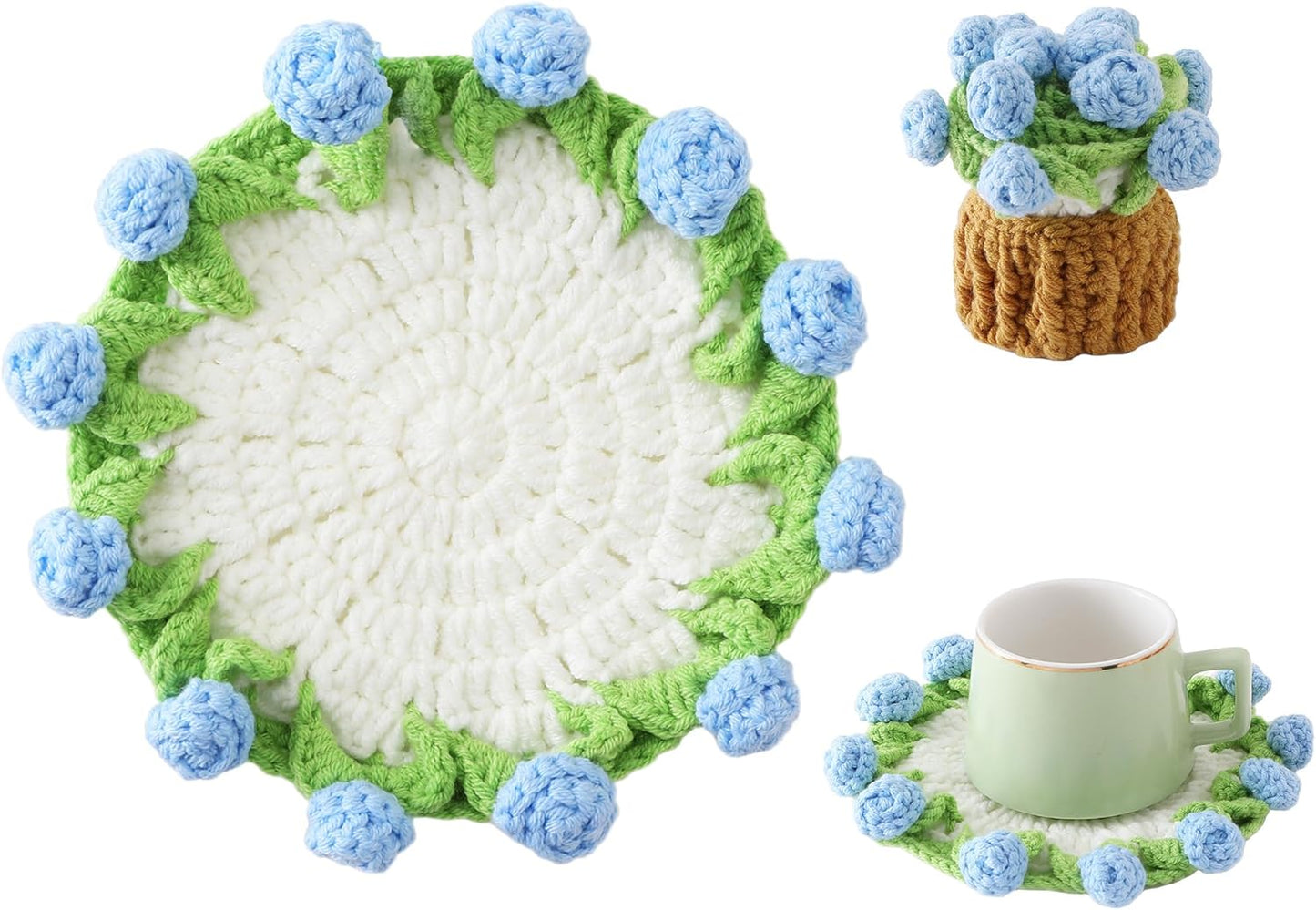 Flower Crochet Coasters, Handmade Bouquet Blanket Coaster with Crochet Plant Pot Fun Soft Decorative Drink Coasters for Coffee Tabletop Protection and Home Decor (Pink, 1Pc)