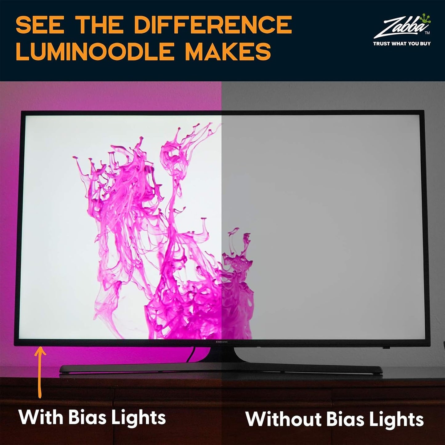Luminoodle Color Bias Lighting, USB TV and Monitor Backlight LED Strip Lights Kit with Dimmer, Remote - 6.6 ft for 24" to 60" TV - Medium