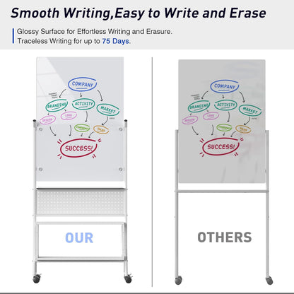 40 x 28 inch Mobile Magnetic Glass Whiteboard, Double-Sided Board with Felt Back and Storage for Office & Classroom, White