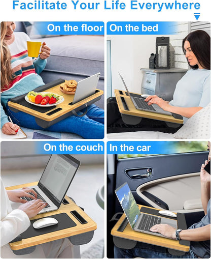 HETTHI Laptop Lap Desk, Portable Large Laptop Desk for Bed, Up to 17 Inch Lap Pad Tray with Wrist Rest, Mouse Pad, Tablet Phone Slot, Portable Handle, Cushion (Black)