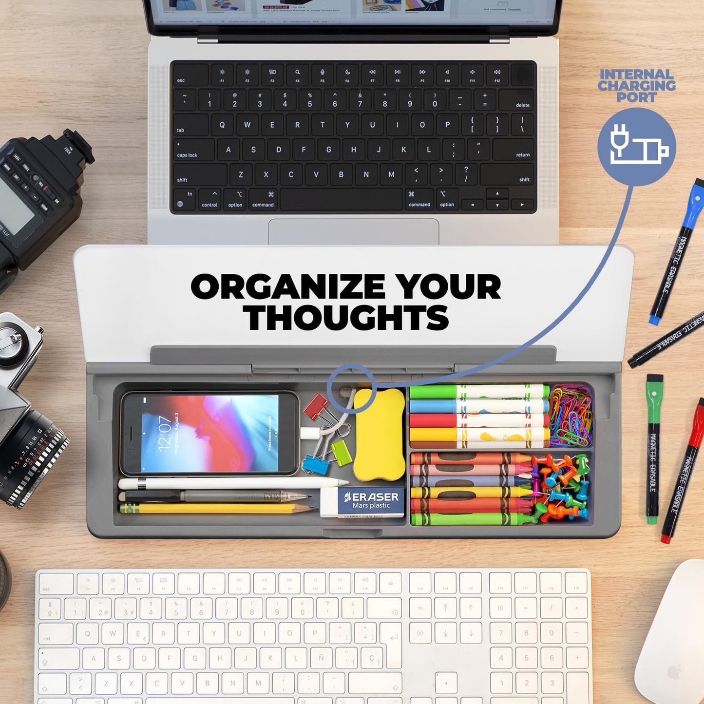 Desktop Whiteboard - Glass Dry Erase White Board - Desk Computer Buddy – Home Office & Studying Essentials - with Phone & Tablet Slot, Storage Compartment - Includes 4 Markers, 1 Eraser (2 Pack)