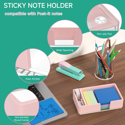 Sticky Note Holder, Glitter Pink Acrylic Notepad Holder 3x3 in Self-Stick Note Dispenser Office Desk Accessories, Memo Pad Holder Organizer for Classroom School Supplies