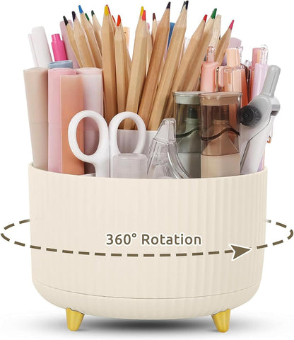 KONVINIT Pencil Pen Holder for Desk, 5 Slots 360 - Degree Rotating Desktop Organizer, Cute Desk Organizers and Accessories for School, Home, Office and Art Supply, Black