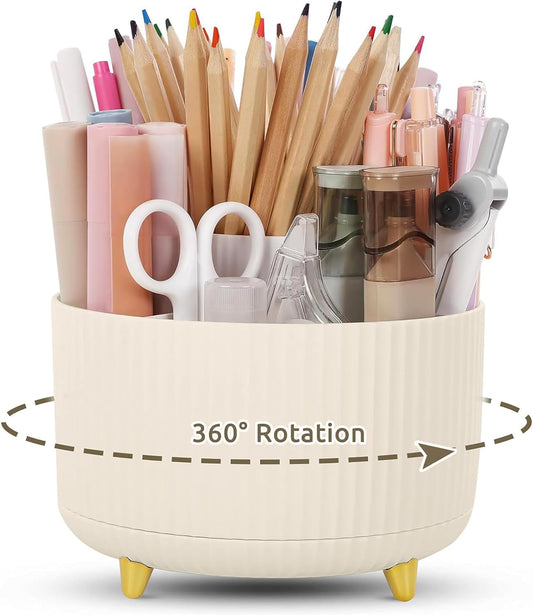 KONVINIT Pencil Pen Holder for Desk, 5 Slots 360 - Degree Rotating Desktop Organizer, Cute Desk Organizers and Accessories for School, Home, Office and Art Supply, Black