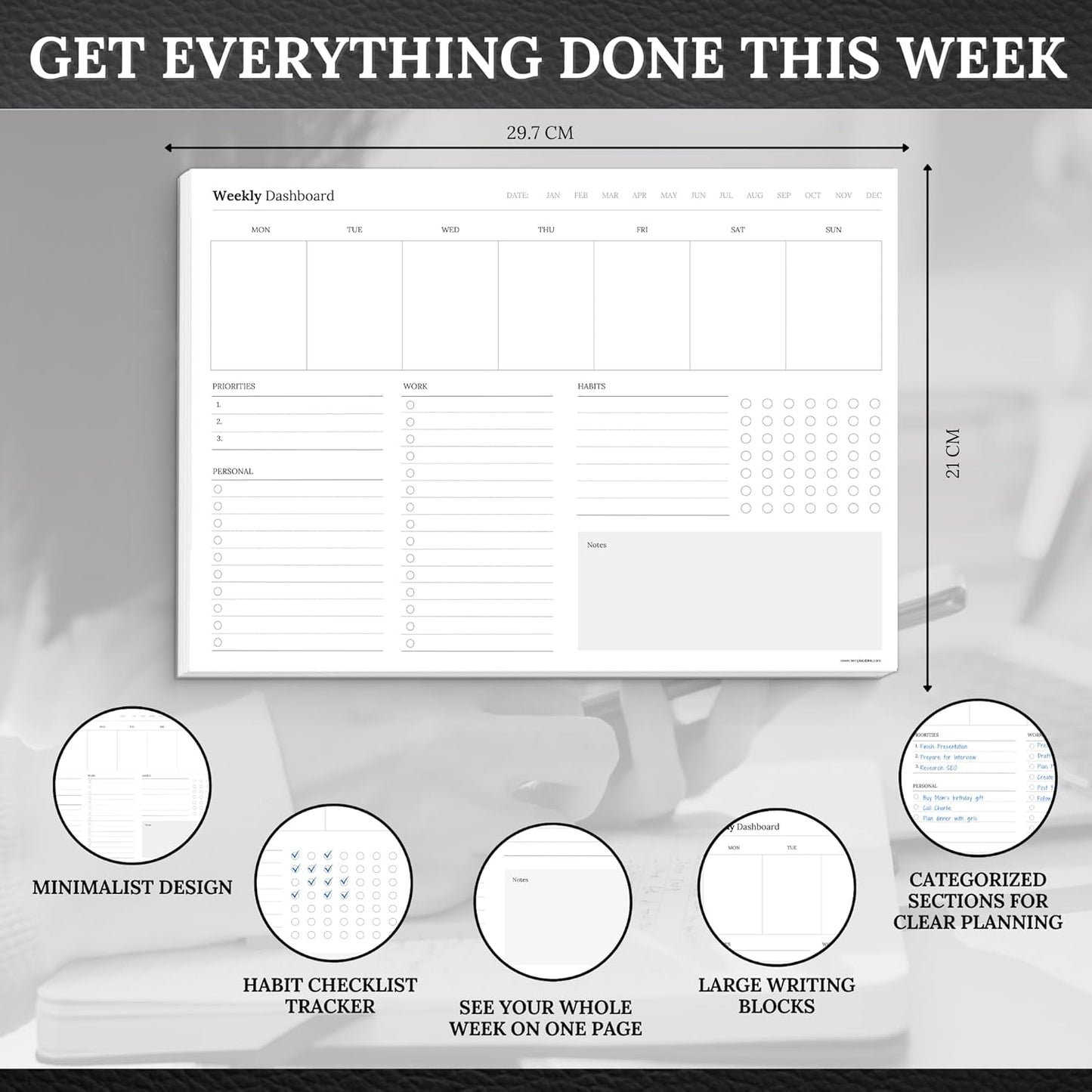 Weekly Dashboard To-Do List Notepad – Undated Weekly Planner with Habit Tracker & Notes – Minimalist A4 Layout for Productivity, Organization & Time Management (Mono)