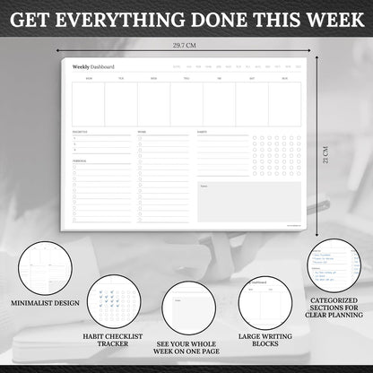 Weekly Dashboard To-Do List Notepad – Undated Weekly Planner with Habit Tracker & Notes – Minimalist A4 Layout for Productivity, Organization & Time Management (Mono)