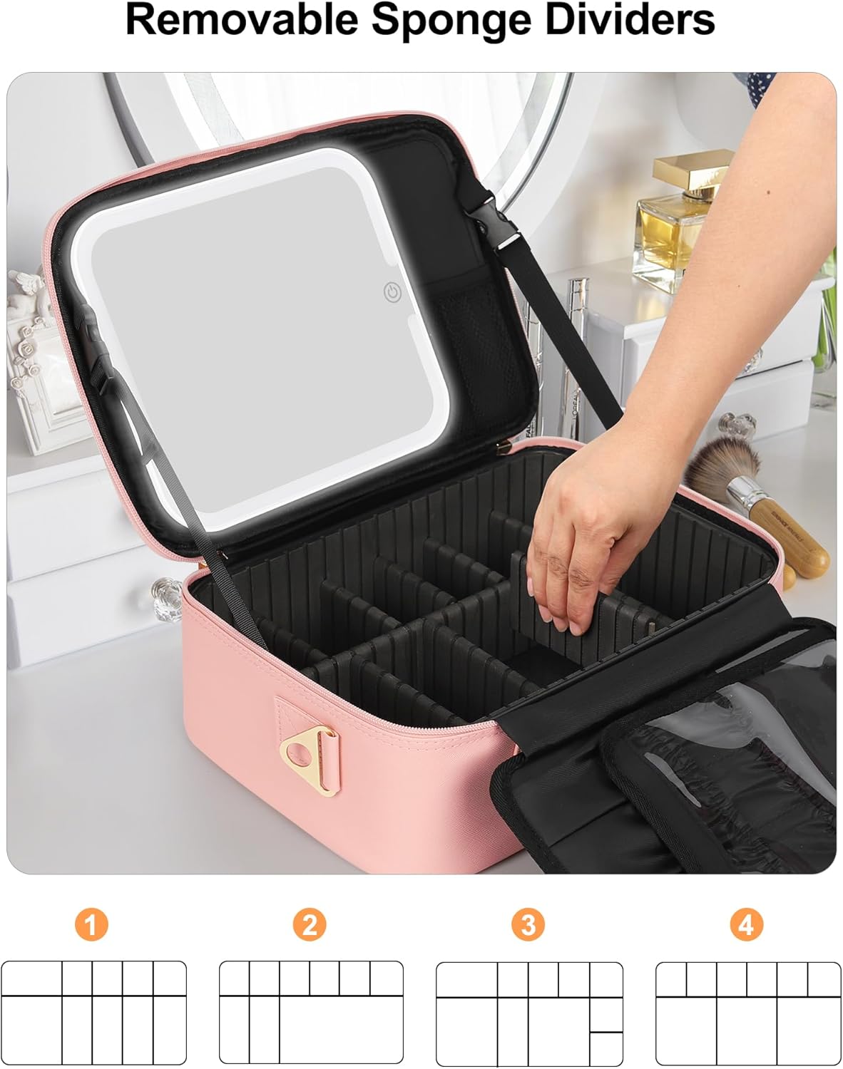 Relavel Travel Makeup Bag With LED Mirror, Cosmetic Train Case with Light up Mirror, Portable Makeup Artist Organizer Bag with Adjustable Dividers, Makeup Brush Holder Storage, Black