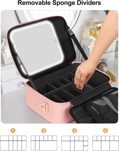 Relavel Travel Makeup Bag With LED Mirror, Cosmetic Train Case with Light up Mirror, Portable Makeup Artist Organizer Bag with Adjustable Dividers, Makeup Brush Holder Storage, Black