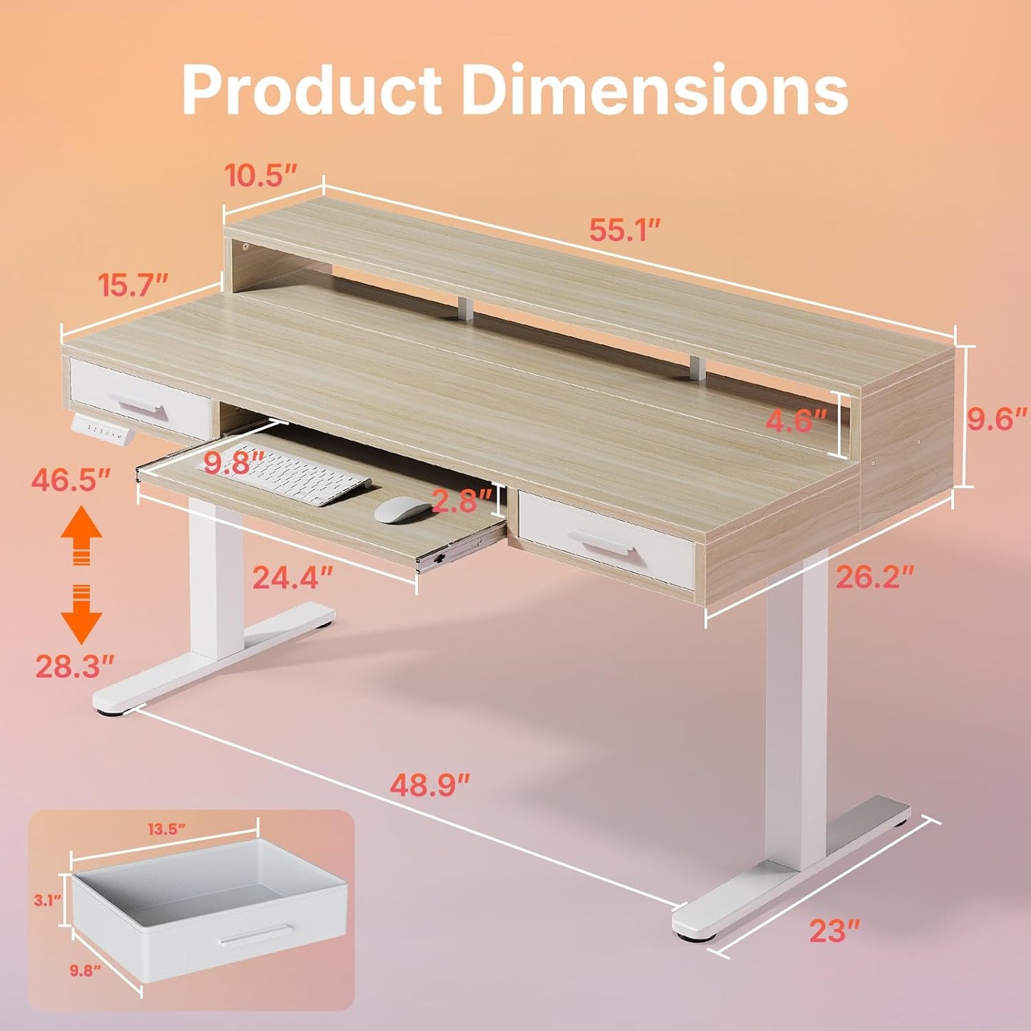 HUANUO 55″ x 26″ Electric Standing Desk with 2 Drawers &24.4″ Large Keyboard Tray, C-Clamp Mount Compatible, Adjustable Computer Desk for Office, Sit Stand Up Desk with 4 Height Presets, Light Walnut