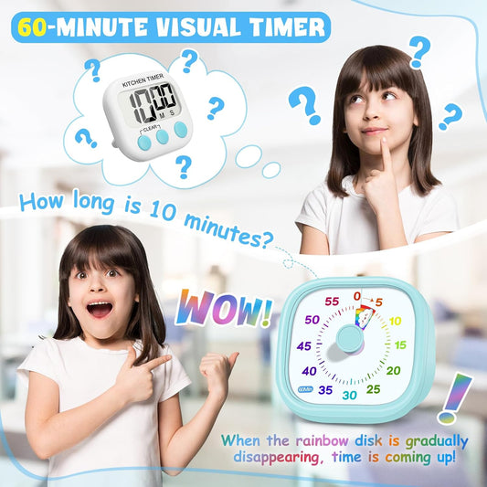 HIPPIH Visual Timer for Kids - 60 Minute Pomodoro Timers for Classroom Kitchen Office, Countdown Kids Timer Clock with Rainbow Disk, Desk Time Management Tool for Toddler with Silent Operation, Blue