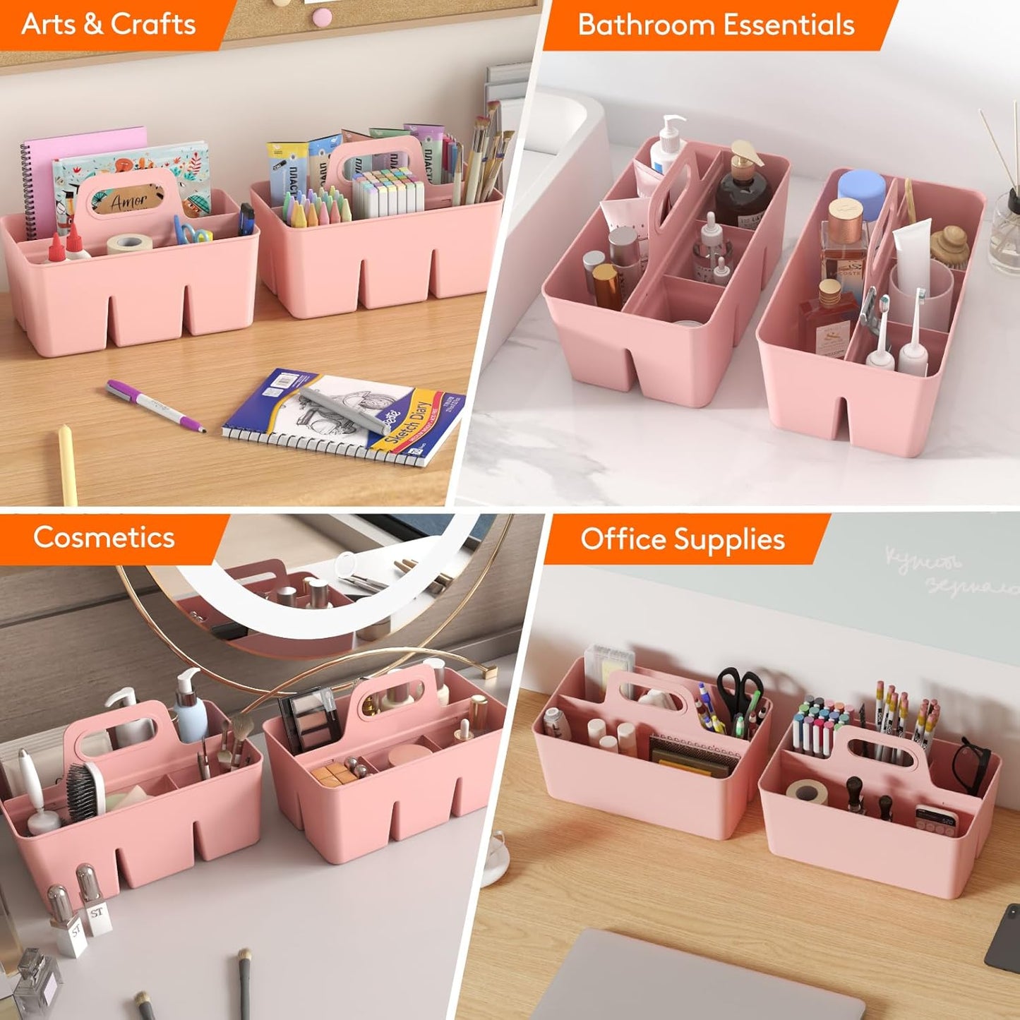 Lifewit 2 Pcs Plastic Caddy Organizer with Handle, Portable Art Supply Storage for Craft Supplies, Cosmetics, Holds Pencil, Crayon, Brushes, Hair Product, Dorm Shower Caddy, Clear, 25 x 15x 17cm
