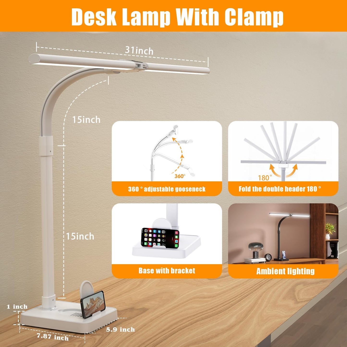 AKRRYR LED Desk Lamp for Home Office, Double Head 24W with Base, Architect Light 5 Lighting Brightness Flexible Gooseneck Table Reading Study, Black