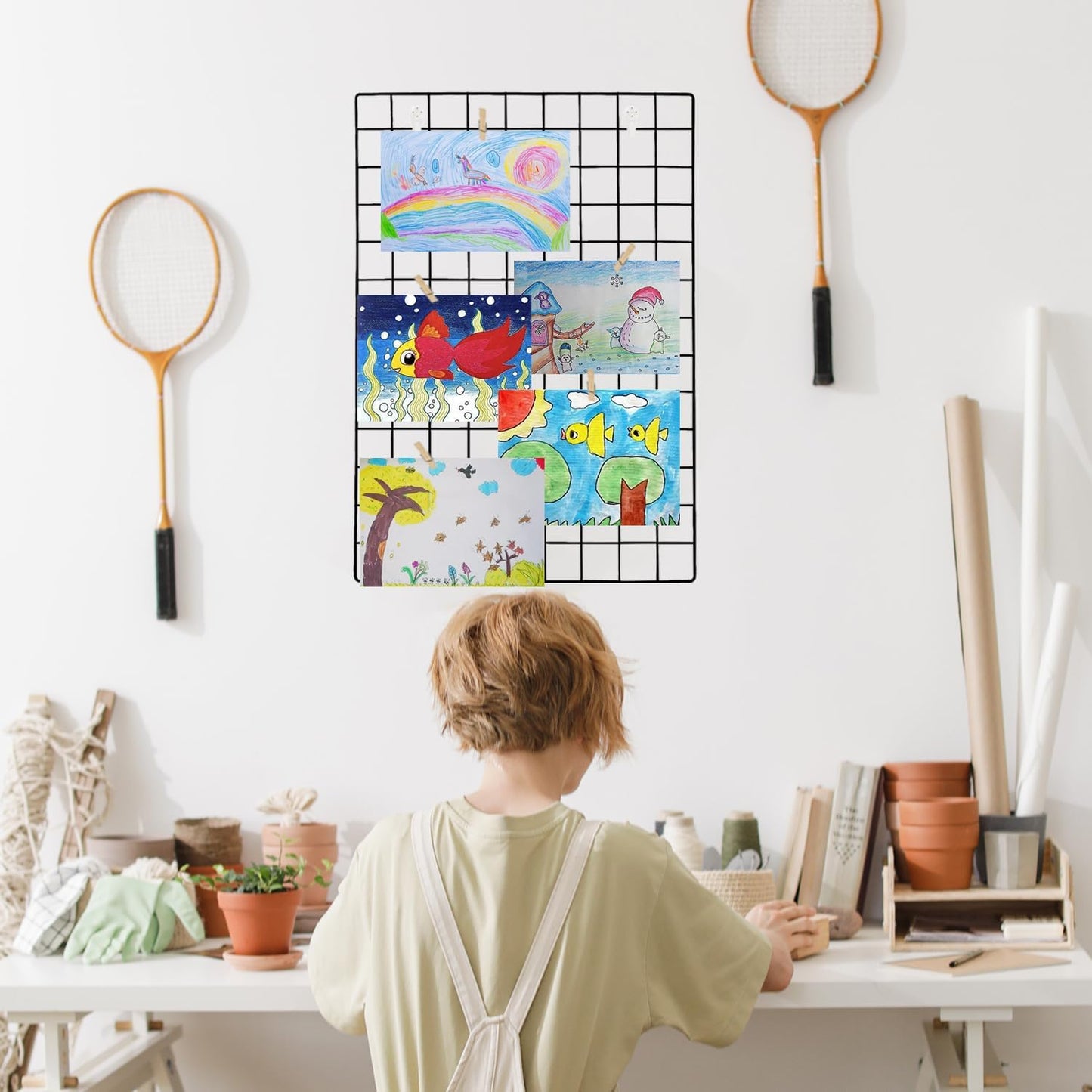 2 Pack Large Wall Grid Panels with Light and Clips, Photo Display Board, Picture Frame Collage Board, Wire Grid Wall Panel Room Decoration,Black