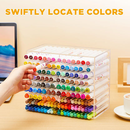 MotiMind Acrylic Marker Organizer for 189 Marker, Large Art Pencil Holder Storage Rack for Desk, Pens Art Brushes Display Stand with 27 Compartments for Desktop, Office (clear, 189 Capacity)