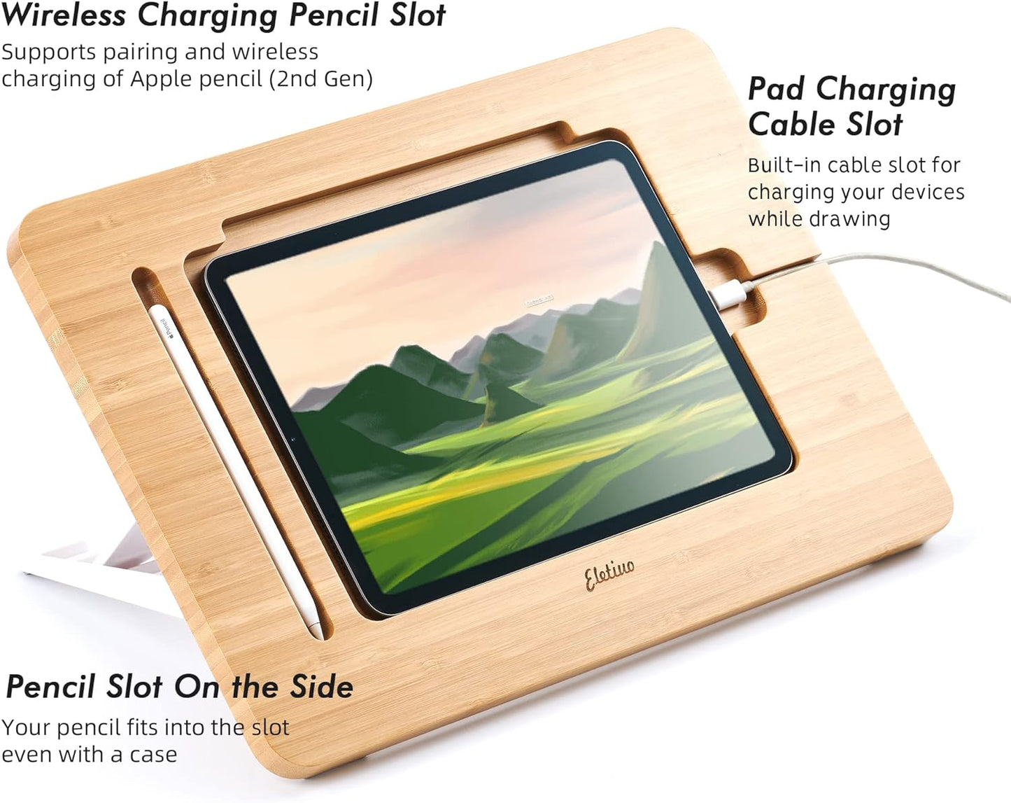 ELETIUO Adjustable Tablet Stand with Pencil&Charger Cable Slot,Bamboo Wooden Stand with Multiple Angles,Organizer Desktop Holder for Drawing,Compatible with ipads(Support to 9.7-11" Devices)