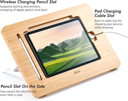 ELETIUO Adjustable Tablet Stand with Pencil&Charger Cable Slot,Bamboo Wooden Stand with Multiple Angles,Organizer Desktop Holder for Drawing,Compatible with ipads(Support to 9.7-11" Devices)