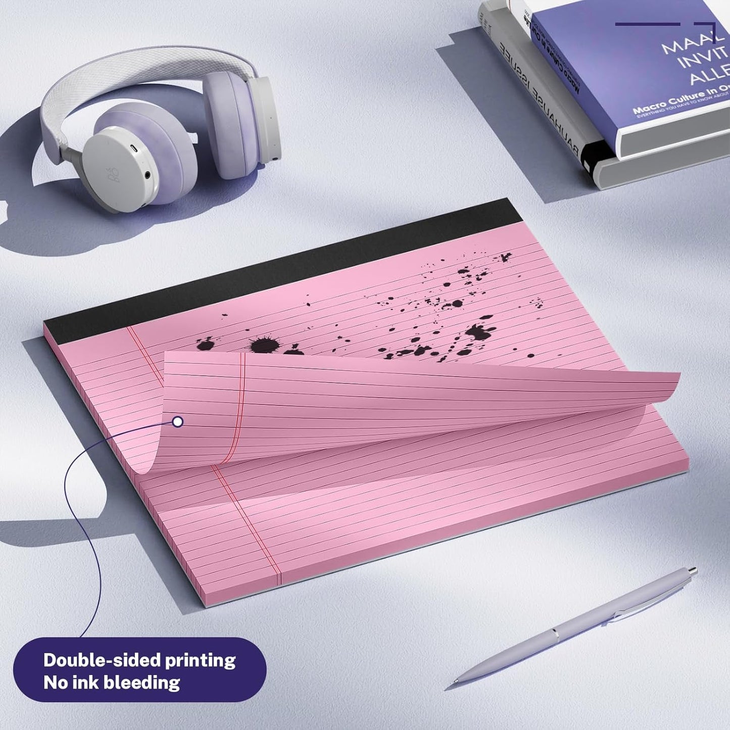 5 Pack Wide Legal Pads 11" x 9.5" Landscape Pink Purple Blue Green Yellow College Ruled Note Pad Narrow Ruled 30 Sheets per Notepad Perforated Writing Paper Thick Backboard Horizontal Pads of Paper
