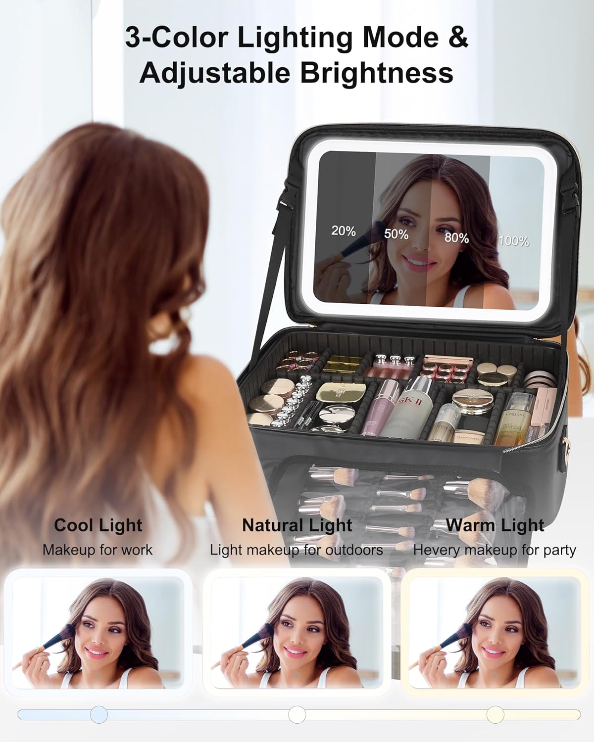 Relavel Travel Makeup Bag With LED Mirror, Cosmetic Train Case with Light up Mirror, Portable Makeup Artist Organizer Bag with Adjustable Dividers, Makeup Brush Holder Storage, Black